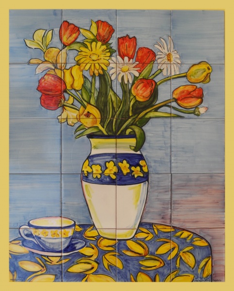mural ceramico pintado a mano tulipanes