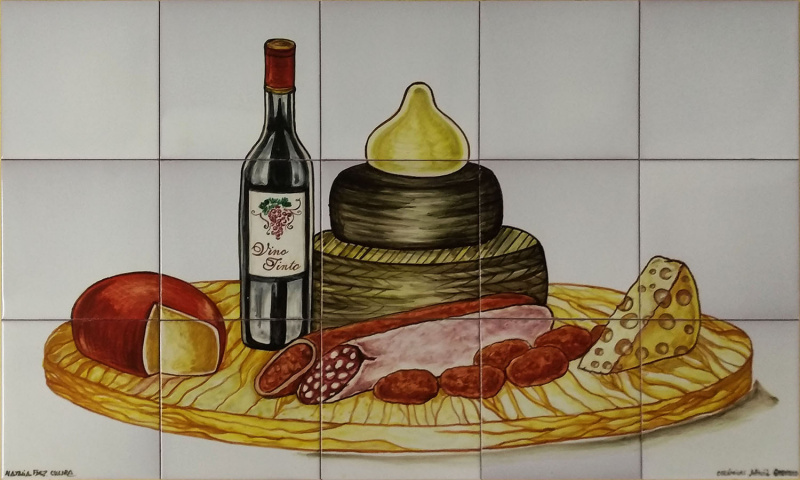 mural ceramico azulejos queso vino embutidos