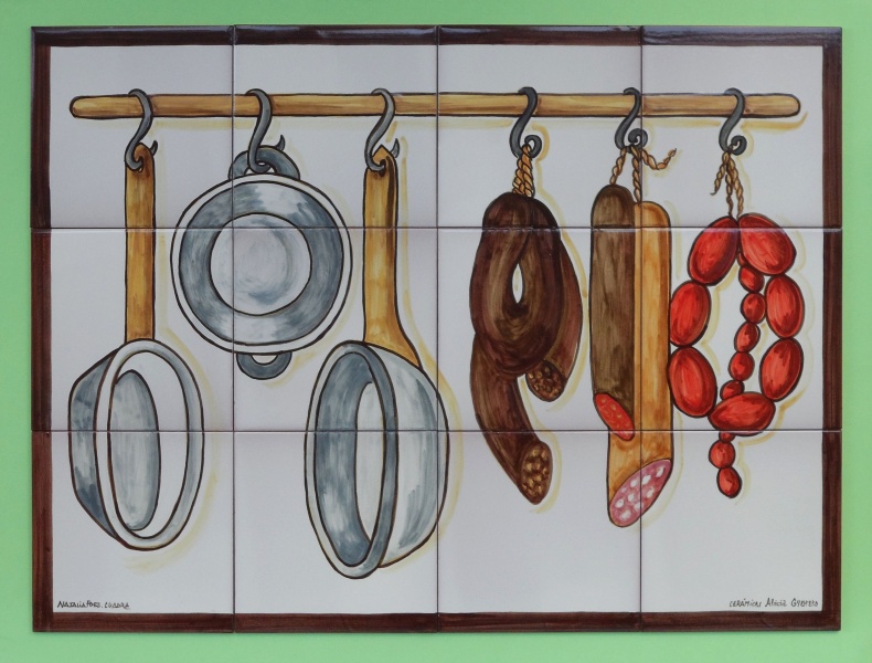 mural de ceramica bodegon embutidos sartenes