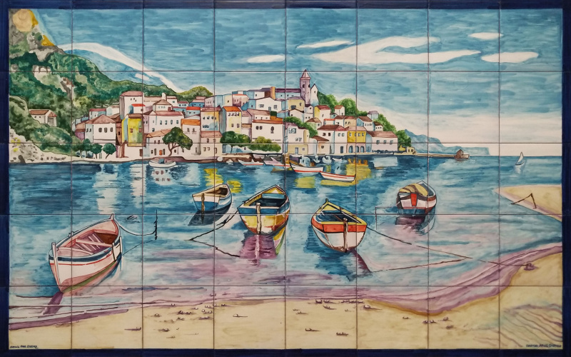 Mural ceramica pueblo pesquero mar