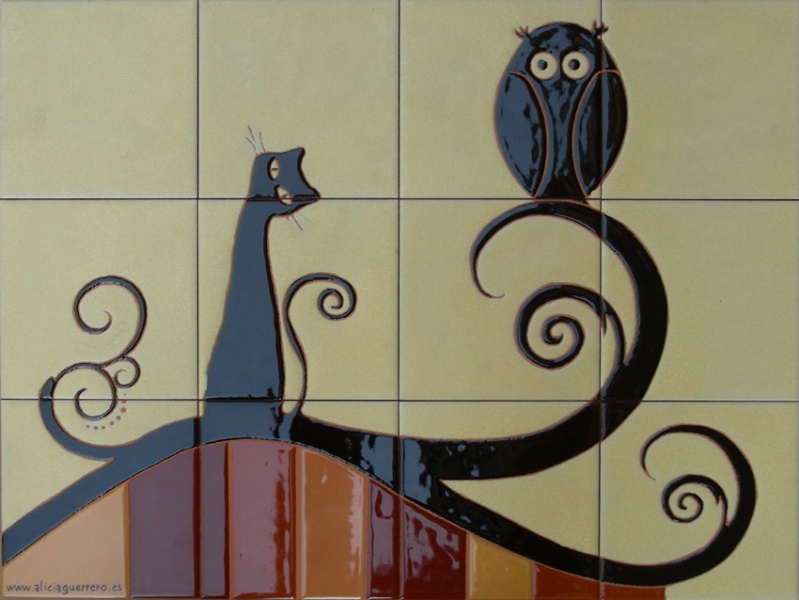 mural ceramica gato y buho
