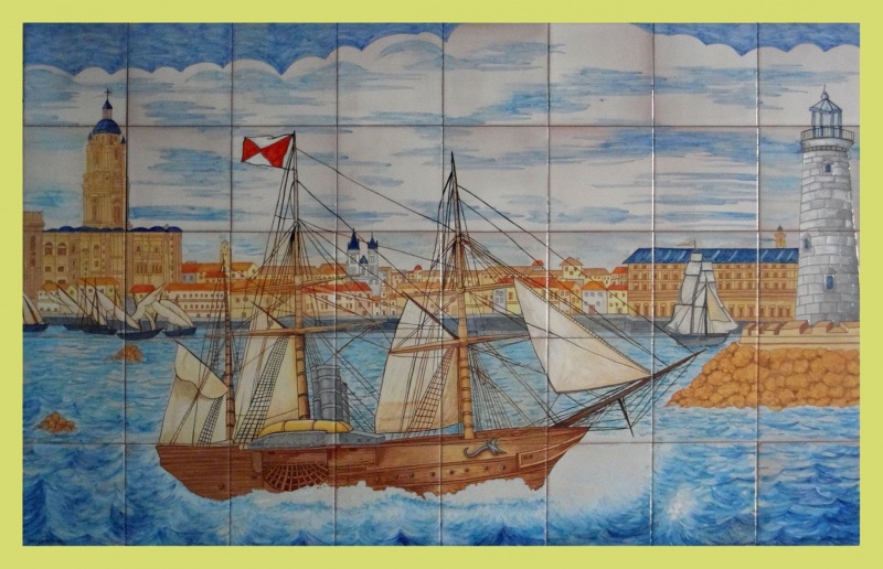 mural de ceramica azulejos malaga barco faro