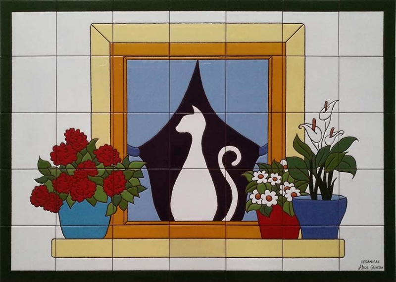 Mural azulejo ceramica ventana con gato